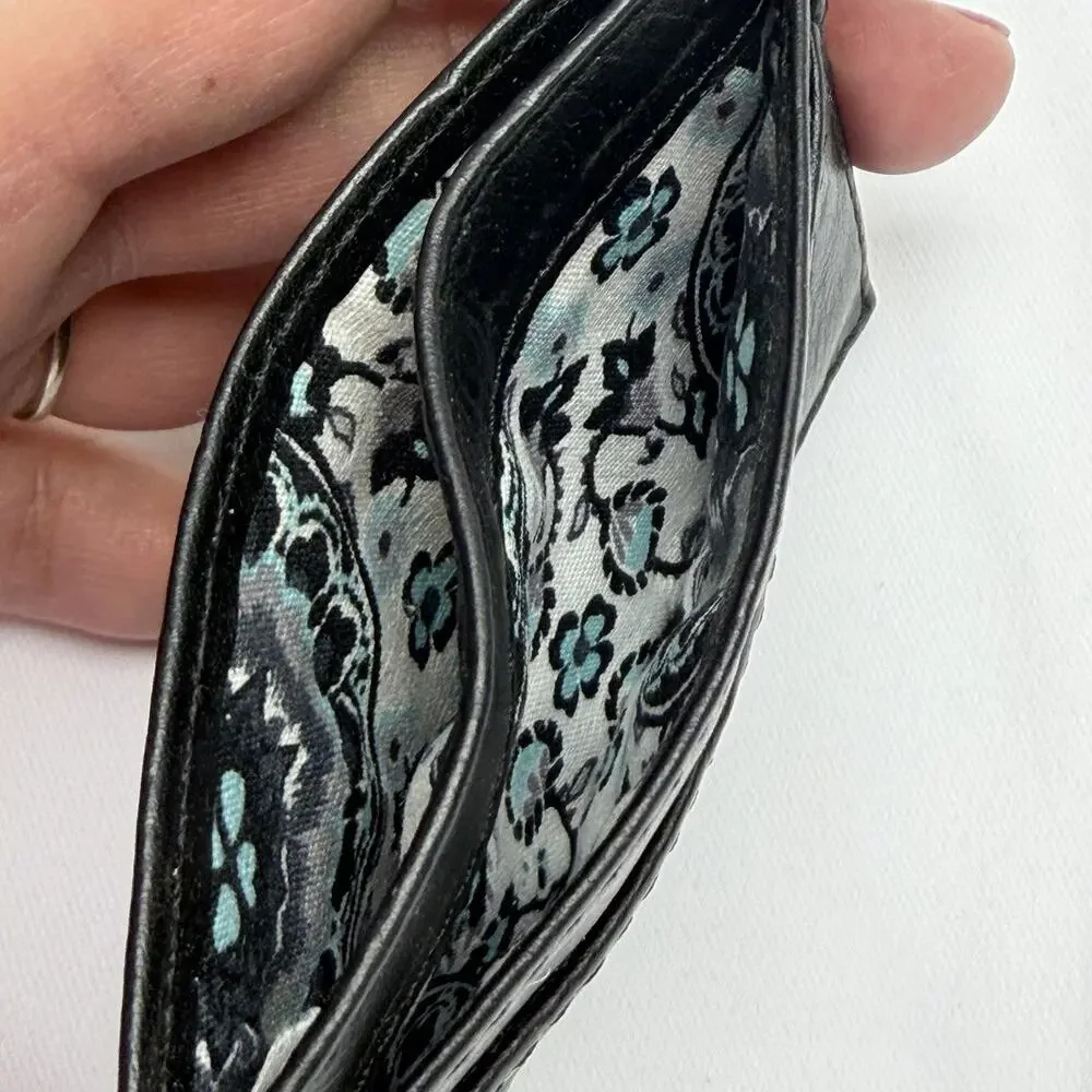 Vera Bradley Black Leather Card Wallet Slim ID Holder Teal Floral Lined
